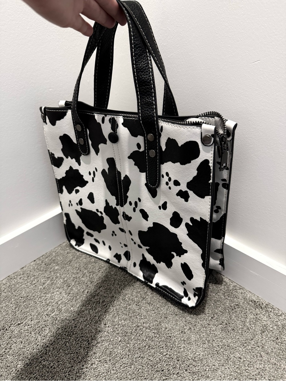 Cow Print Tote Bag with Top Handles - Black & White